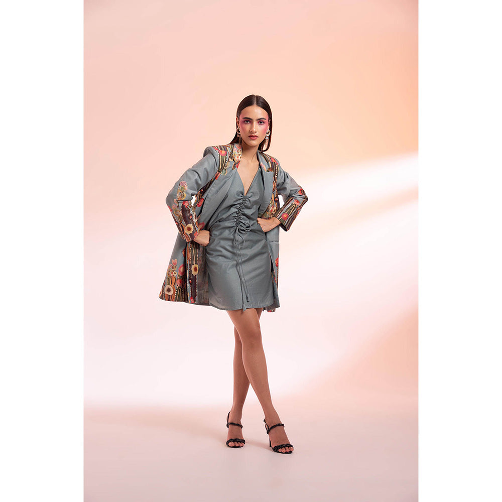 Gazab By Miku Kumar Grey Les Succulents Paris Mini Dress with Blazer (Set of 2)