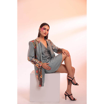 Gazab By Miku Kumar Grey Les Succulents Paris Mini Dress with Blazer (Set of 2)