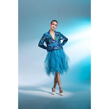 Gazab By Miku Kumar Blue Poetic Pantheon Paris Skirt with Short Blazer (Set of 2)