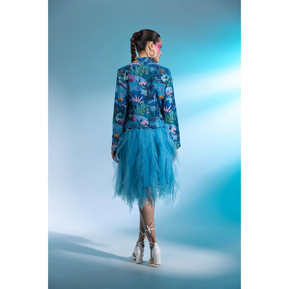 Gazab By Miku Kumar Blue Poetic Pantheon Paris Skirt with Short Blazer (Set of 2)