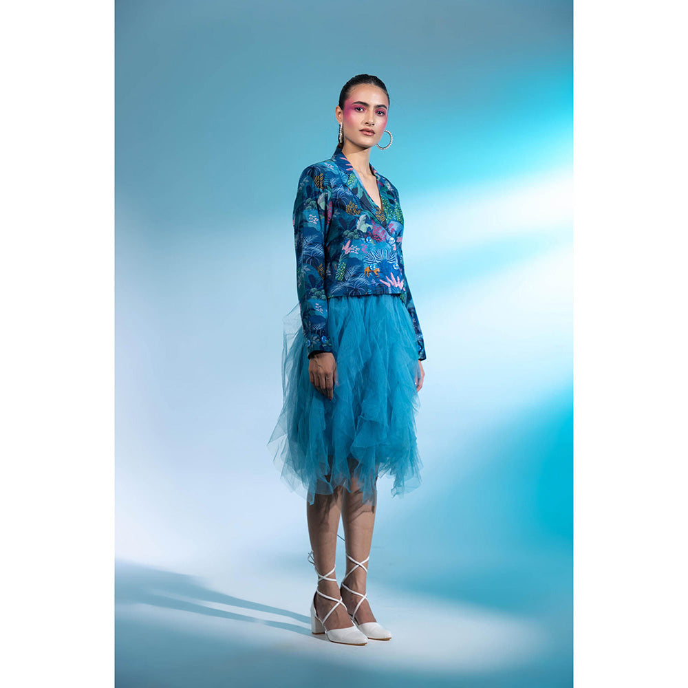 Gazab By Miku Kumar Blue Poetic Pantheon Paris Skirt with Short Blazer (Set of 2)