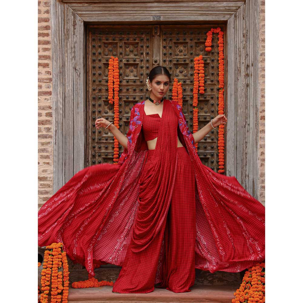 Gazab By Miku Kumar Red Elsa Drape Palazzo with Cape and Blouse (Set of 3)