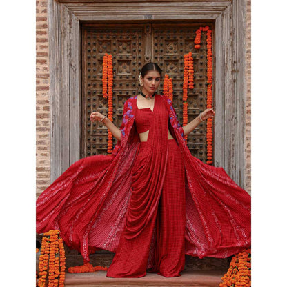 Gazab By Miku Kumar Red Elsa Drape Palazzo with Cape and Blouse (Set of 3)