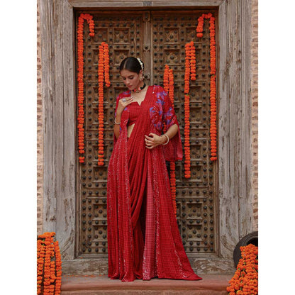 Gazab By Miku Kumar Red Elsa Drape Palazzo with Cape and Blouse (Set of 3)
