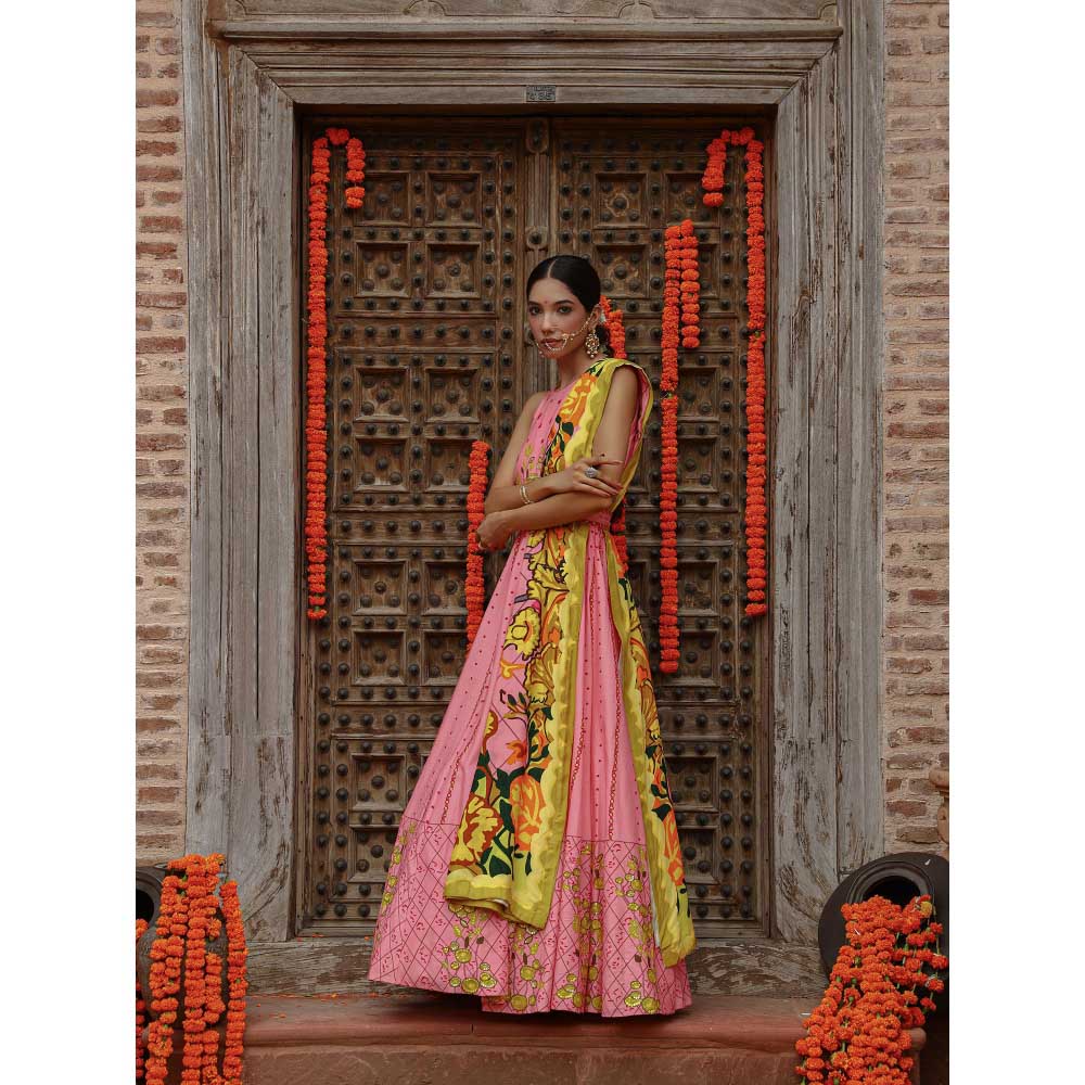 Gazab By Miku Kumar Pink Kaira Anarkali with Dupatta and Belt (Set of 3)