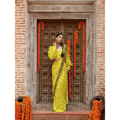 Gazab By Miku Kumar Yellow Tiana Drape Saree with Stitched Blouse