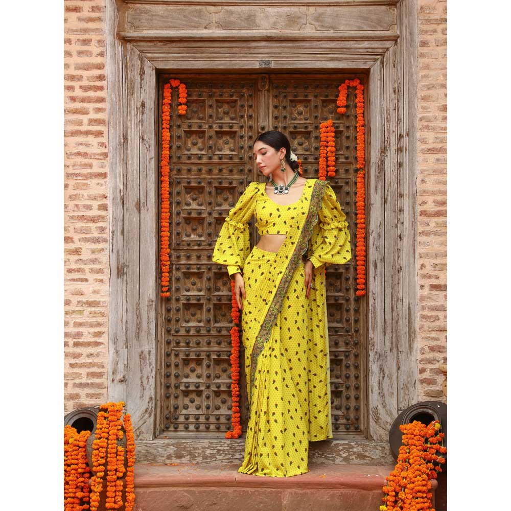 Gazab By Miku Kumar Yellow Tiana Drape Saree with Stitched Blouse