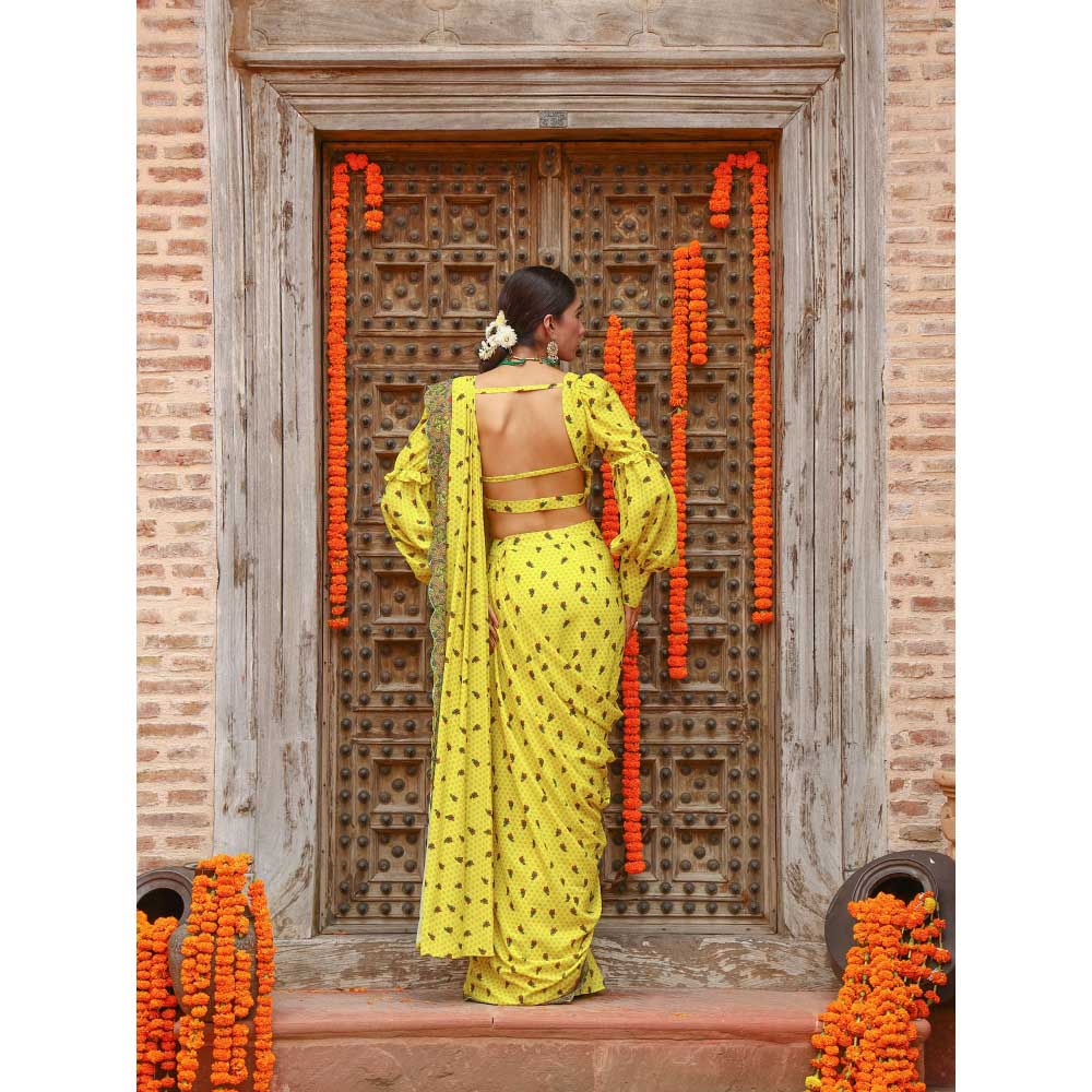 Gazab By Miku Kumar Yellow Tiana Drape Saree with Stitched Blouse