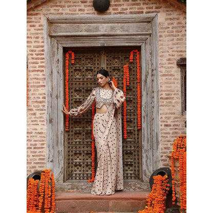 Gazab By Miku Kumar Beige Aurea Drape Saree with Stitched Blouse