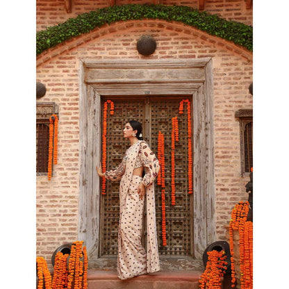 Gazab By Miku Kumar Beige Aurea Drape Saree with Stitched Blouse