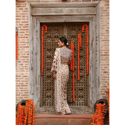 Gazab By Miku Kumar Beige Aurea Drape Saree with Stitched Blouse