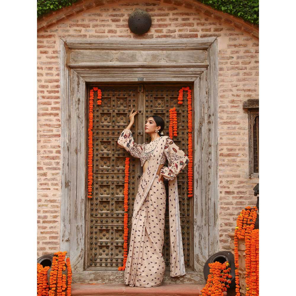 Gazab By Miku Kumar Beige Aurea Drape Saree with Stitched Blouse