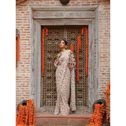 Gazab By Miku Kumar Beige Aurea Drape Saree with Stitched Blouse