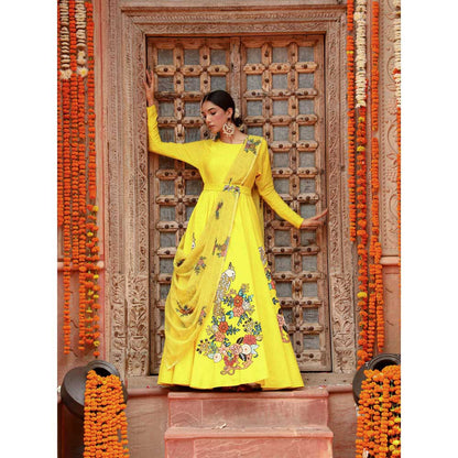 Gazab By Miku Kumar Yellow Sabia Drape Anarkali with Belt (Set of 2)