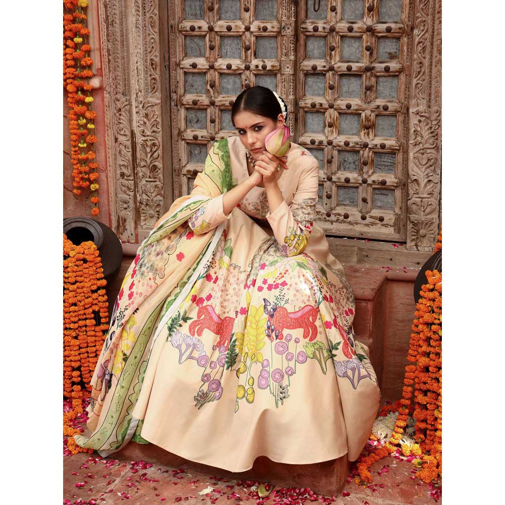 Gazab By Miku Kumar Beige Shanvi Lehenga with Blouse and Dupatta (Set of 3)