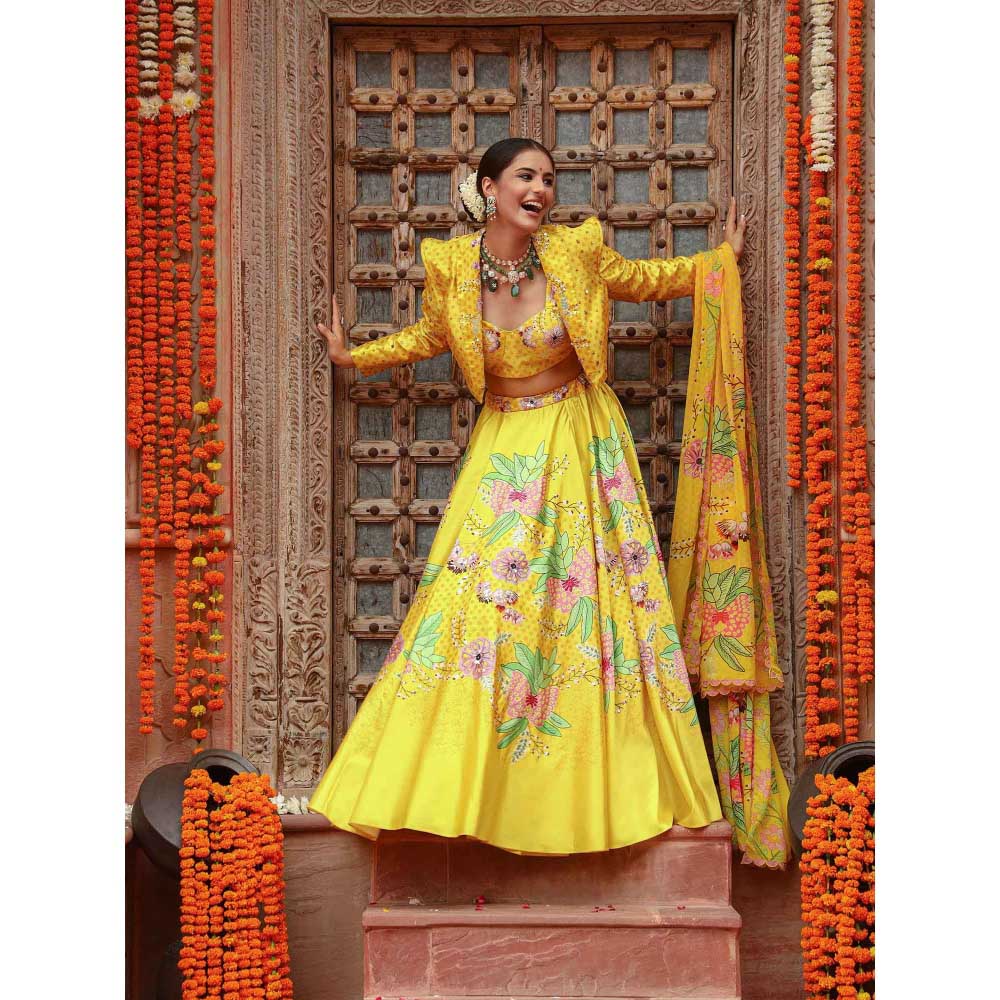 Gazab By Miku Kumar Yellow Roma Jacket with Lehenga, Blouse and Dupatta (Set of 4)