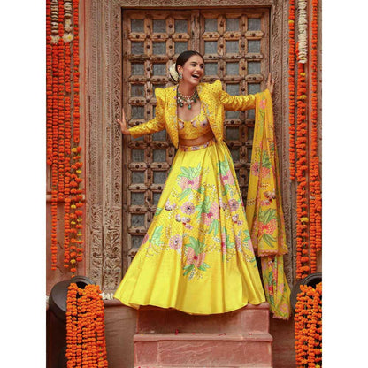 Gazab By Miku Kumar Yellow Roma Jacket with Lehenga, Blouse and Dupatta (Set of 4)