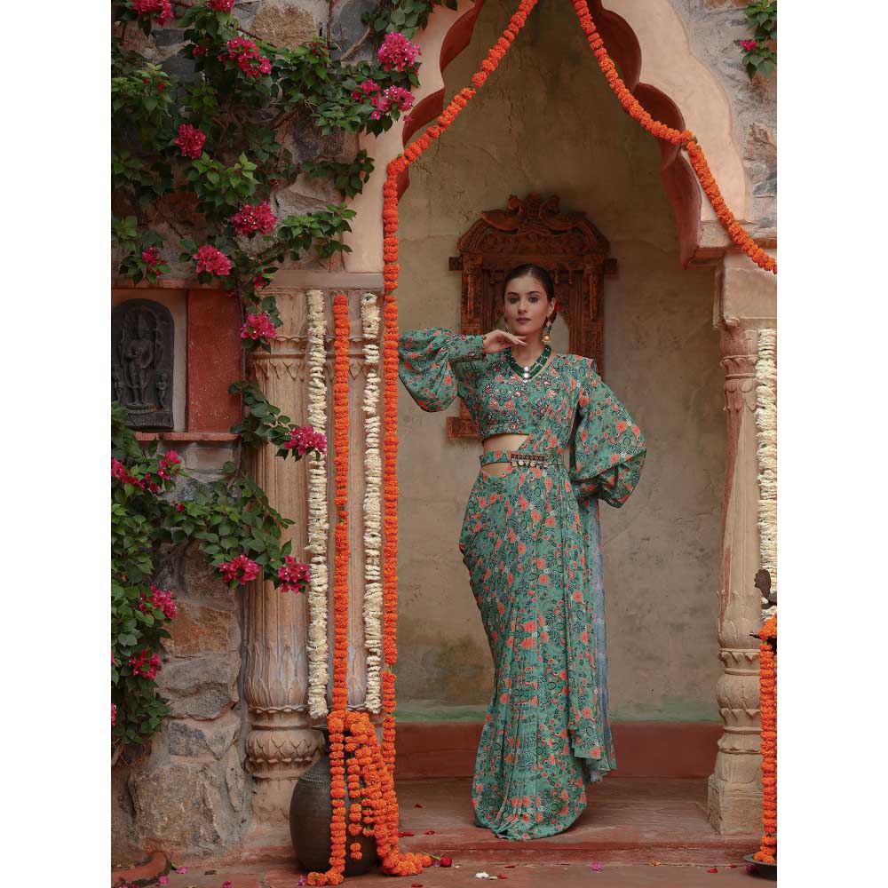 Gazab By Miku Kumar Green Magnolia Saree with Stitched Blouse and Belt
