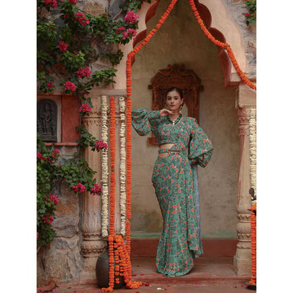 Gazab By Miku Kumar Green Magnolia Saree with Stitched Blouse and Belt