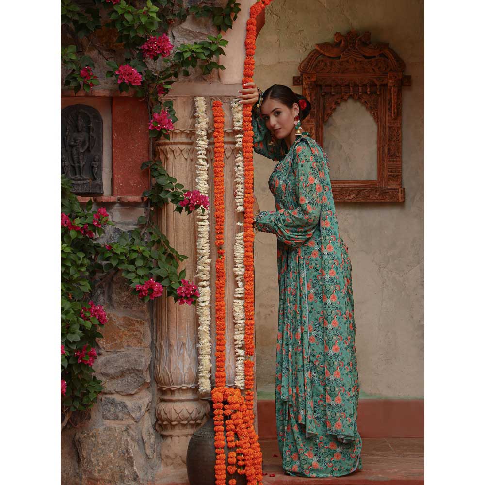 Gazab By Miku Kumar Green Magnolia Saree with Stitched Blouse and Belt