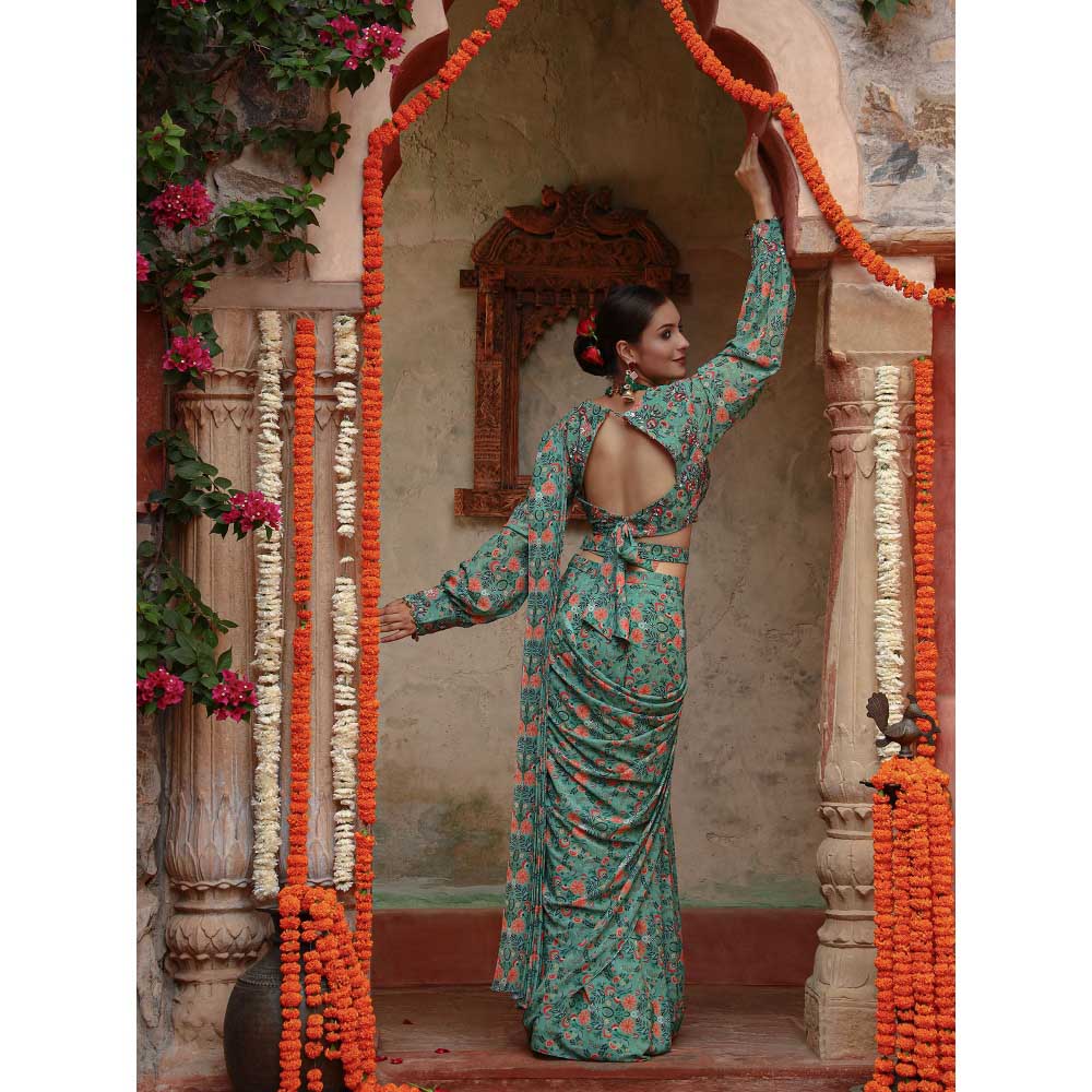 Gazab By Miku Kumar Green Magnolia Saree with Stitched Blouse and Belt