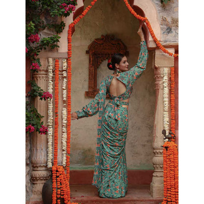 Gazab By Miku Kumar Green Magnolia Saree with Stitched Blouse and Belt