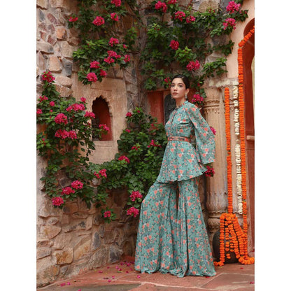Gazab By Miku Kumar Green Peony Sharara with Top and Belt (Set of 3)