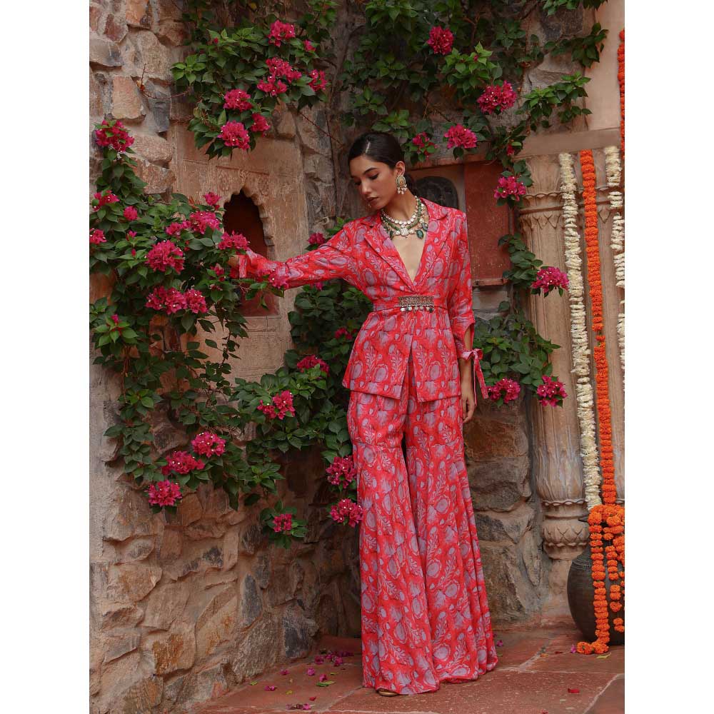Gazab By Miku Kumar Red Carnation Sharara with Jacket and Belt (Set of 3)