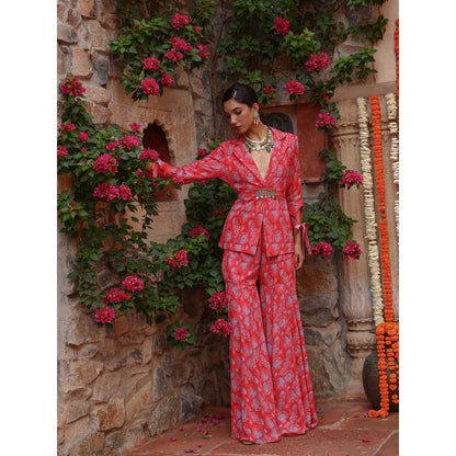 Gazab By Miku Kumar Red Carnation Sharara with Jacket and Belt (Set of 3)