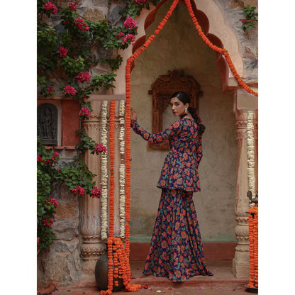 Gazab By Miku Kumar Blue Hyacinth Peplum Top with Sharara (Set of 2)