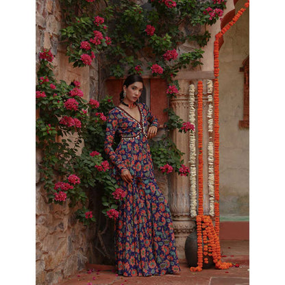 Gazab By Miku Kumar Blue Hyacinth Peplum Top with Sharara (Set of 2)