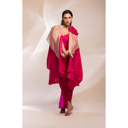 GEE SIN by Geetanjali Singh Champaign Organza Cape with a Satin Modal Dress (Set of 2)