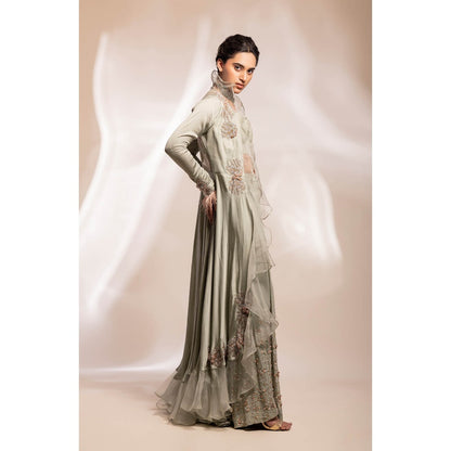 GEE SIN by Geetanjali Singh Green Modal Silk Open Jacket with Bustier & Sharara (Set of 3)