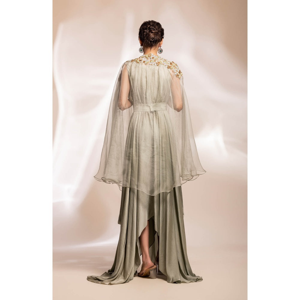 GEE SIN by Geetanjali Singh Sage Green Dress with Abstract Floral Motifs Cape (Set of 2)