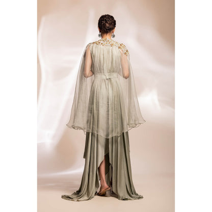 GEE SIN by Geetanjali Singh Sage Green Dress with Abstract Floral Motifs Cape (Set of 2)