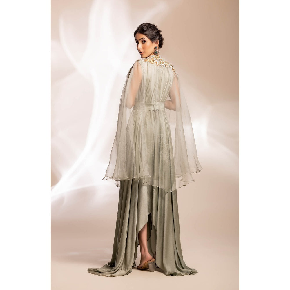 GEE SIN by Geetanjali Singh Sage Green Dress with Abstract Floral Motifs Cape (Set of 2)