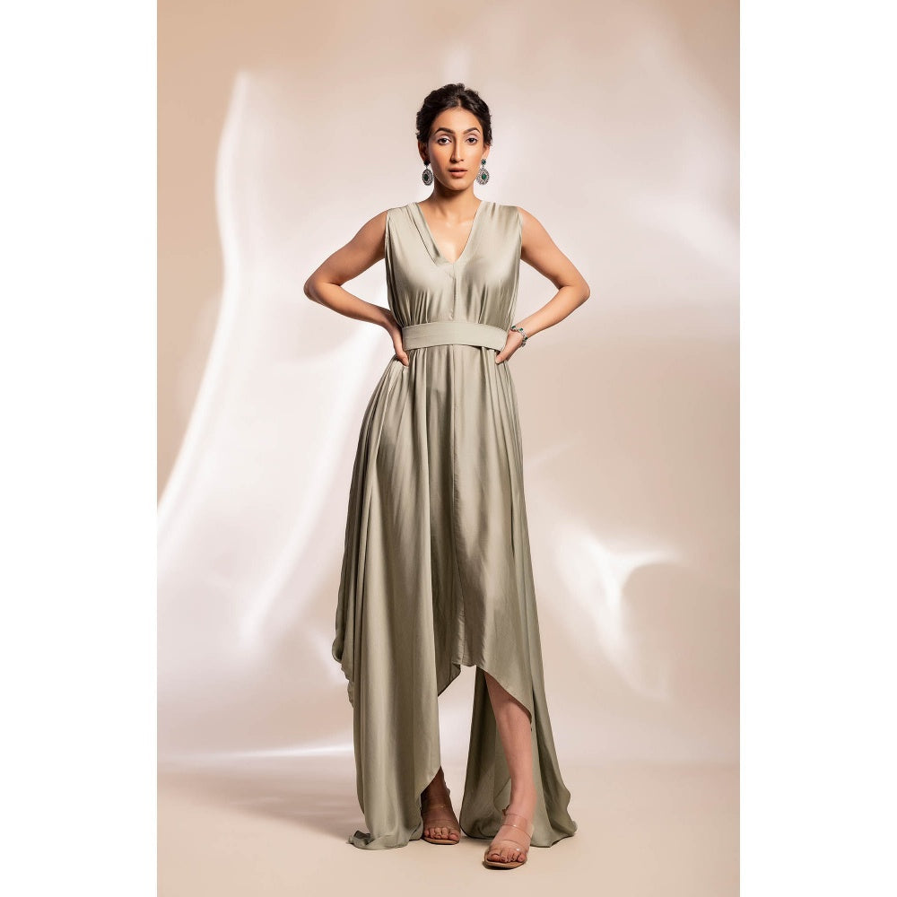 GEE SIN by Geetanjali Singh Sage Green Dress with Abstract Floral Motifs Cape (Set of 2)