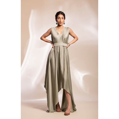 GEE SIN by Geetanjali Singh Sage Green Dress with Abstract Floral Motifs Cape (Set of 2)