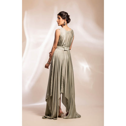 GEE SIN by Geetanjali Singh Sage Green Dress with Abstract Floral Motifs Cape (Set of 2)