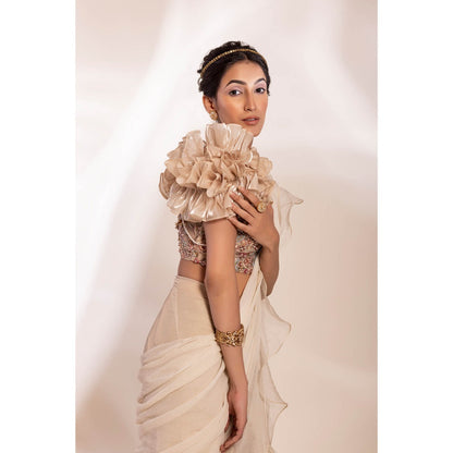 GEE SIN by Geetanjali Singh Pre Drape Stitched Saree in Gold with Stitched Blouse