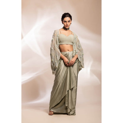 GEE SIN by Geetanjali Singh Sage Green Sheer Organza Cape with Bustier & Skirt (Set of 3)