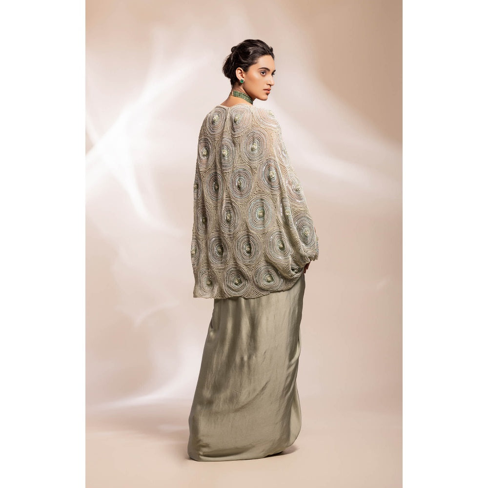 GEE SIN by Geetanjali Singh Sage Green Sheer Organza Cape with Bustier & Skirt (Set of 3)
