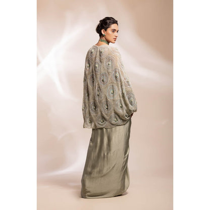 GEE SIN by Geetanjali Singh Sage Green Sheer Organza Cape with Bustier & Skirt (Set of 3)