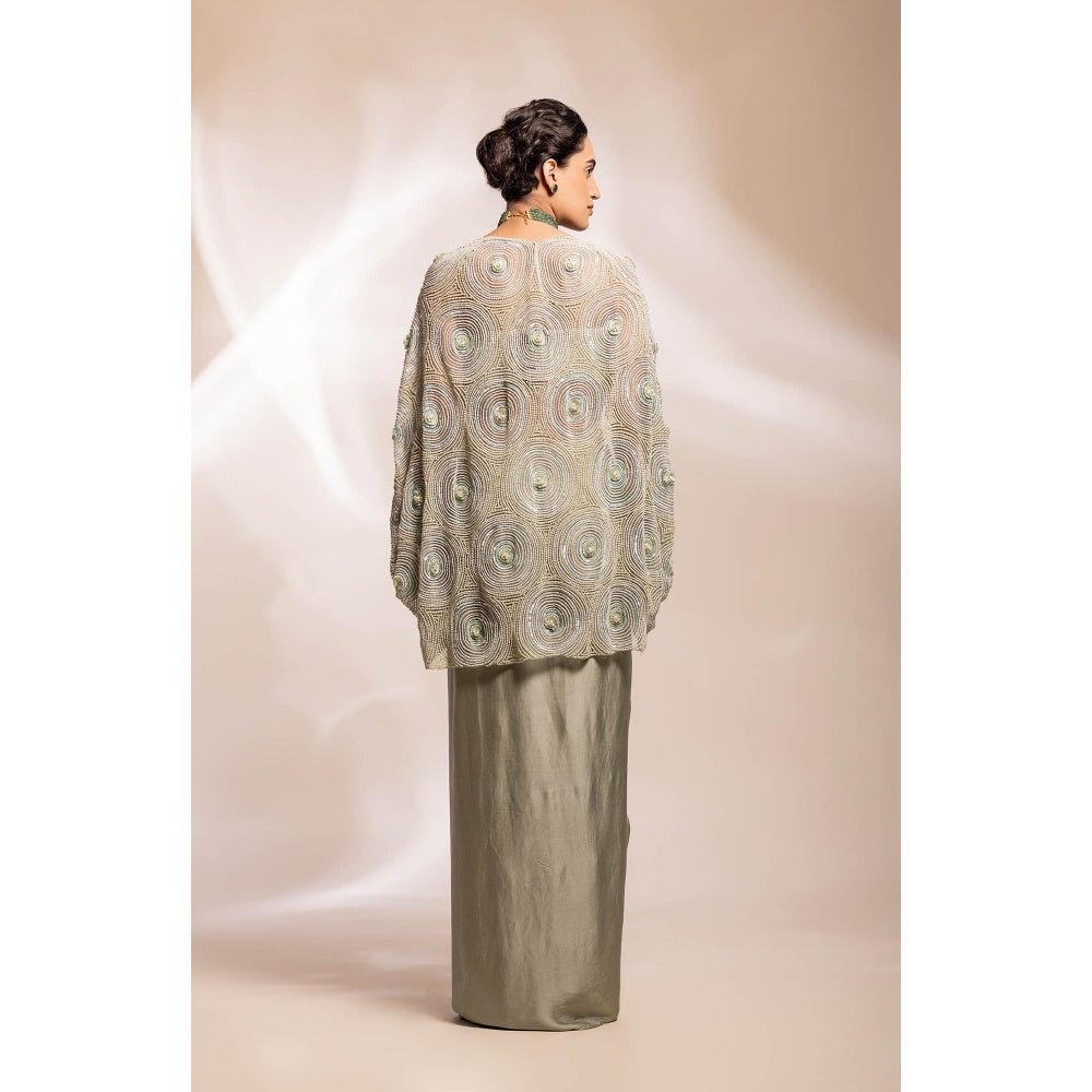 GEE SIN by Geetanjali Singh Sage Green Sheer Organza Cape with Bustier & Skirt (Set of 3)
