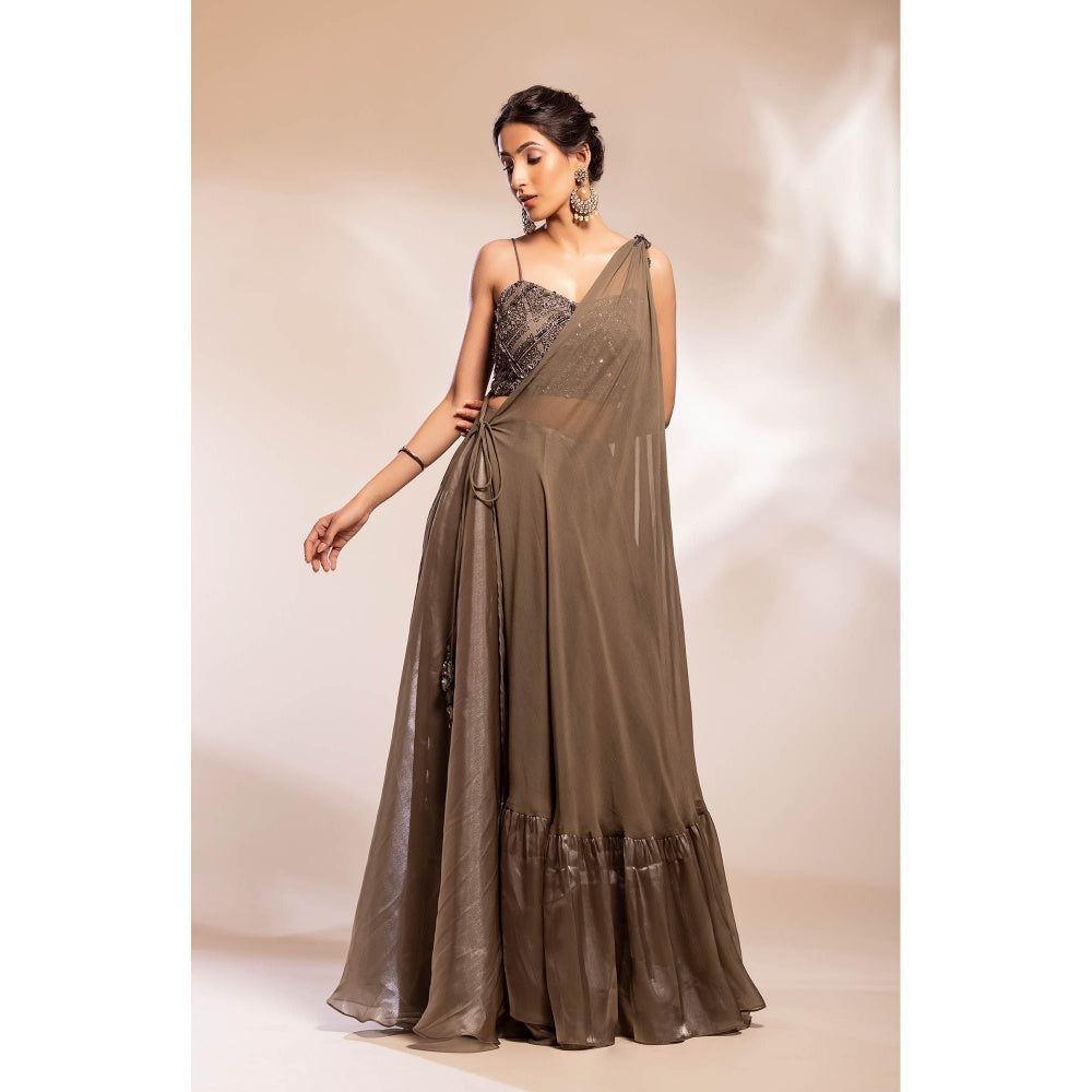 GEE SIN by Geetanjali Singh Grey Long Cape with Inner Blouse & Skirt (Set of 3)