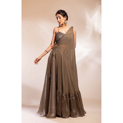 GEE SIN by Geetanjali Singh Grey Long Cape with Inner Blouse & Skirt (Set of 3)