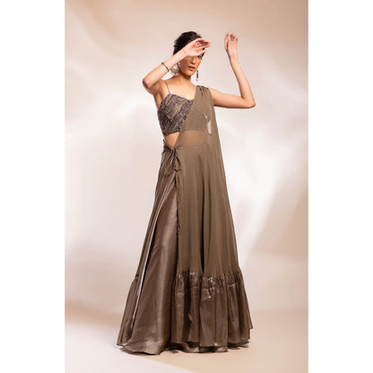 GEE SIN by Geetanjali Singh Grey Long Cape with Inner Blouse & Skirt (Set of 3)