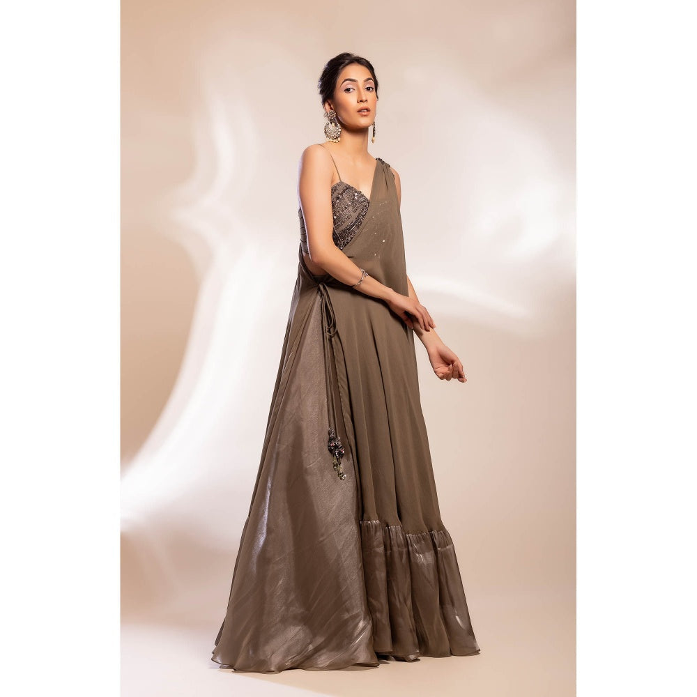 GEE SIN by Geetanjali Singh Grey Long Cape with Inner Blouse & Skirt (Set of 3)