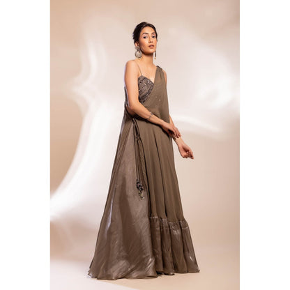 GEE SIN by Geetanjali Singh Grey Long Cape with Inner Blouse & Skirt (Set of 3)