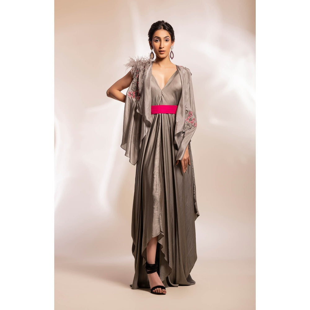 GEE SIN by Geetanjali Singh Grey Dress with Fuchsia Satin Belt & Jacket (Set of 3)